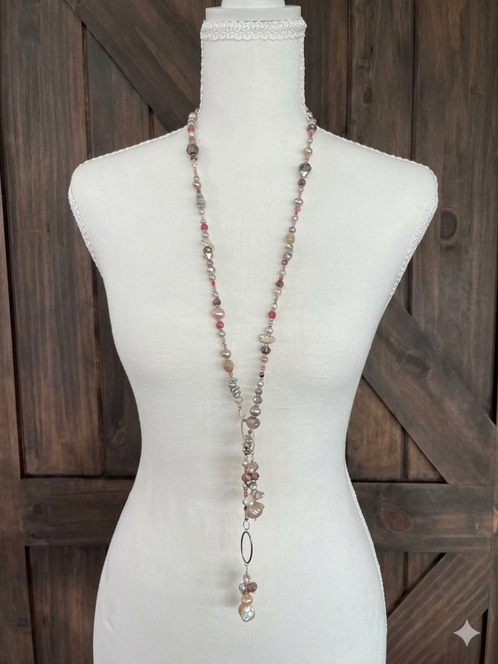 Sundance Style Long Cross Necklace | Natural Stone Pearl Boho Layering Necklace